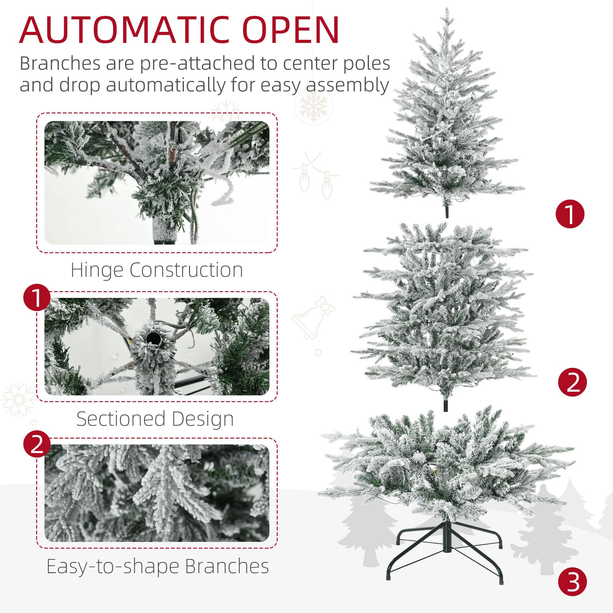 AUTOMATIC OPEN  
Branches are pre-attached to center poles and drop automatically for easy assembly  

1. Hinge Construction  
2. Sectioned Design  
3. Easy-to-shape Branches