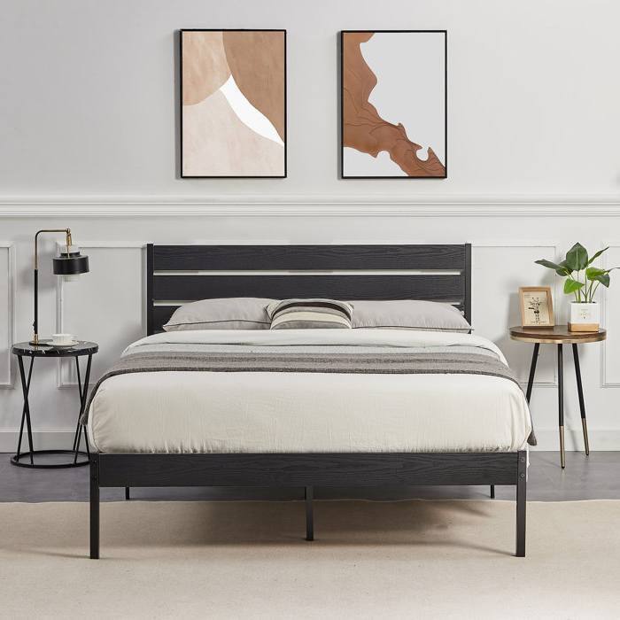 Left. SlickBlue - Platform Bed Frame with Industrial Design and Wood Slatted Headboard - Black.