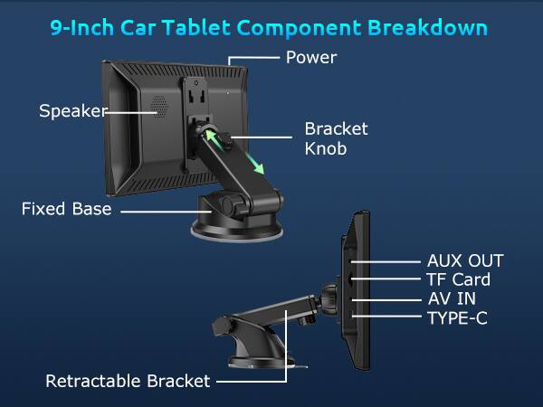 9-Inch Car Tablet Component Breakdown

- Power
- Speaker
- Bracket Knob
- Fixed Base
- Retractable Bracket
- AUX OUT
- TF Card
- AV IN
- TYPE-C