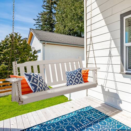 Alt View 8. Winado - Patio Wooden Porch Swing 4 FT, Straight Edge Swing Chair Bench, with Hanging Chains for In/Outdoor Courtyard Garden - White.