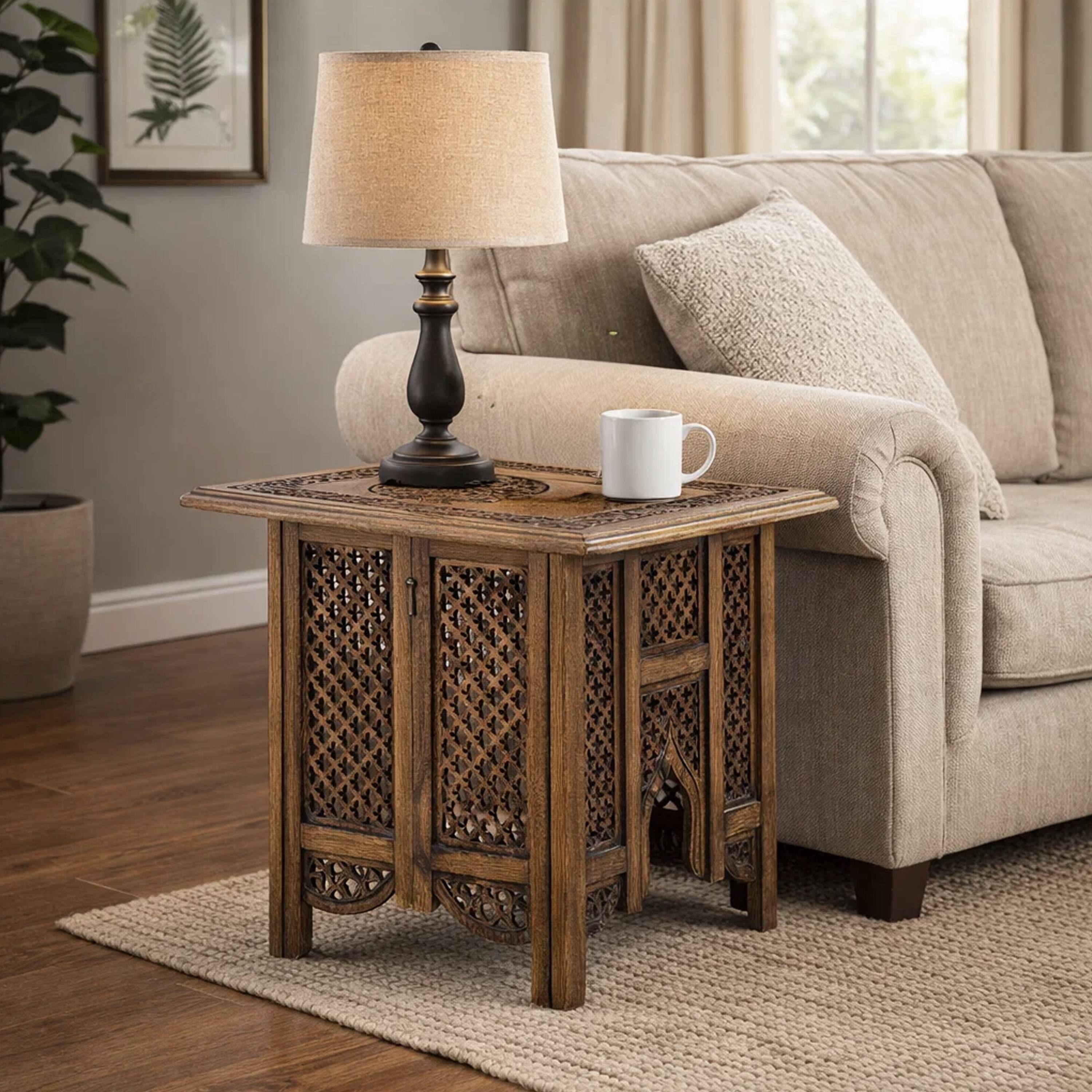 Alt View 9. Manhattan Lane - 21 Inch Boho Side End Table, Floral Carved Details, Foldable Panel Legs - Brown.