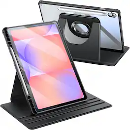 Fintie - 360 Degree Rotating Case for Samsung Galaxy Tab S10 Lite/S10 FE/S9 FE/S9, Metal Swiveling Ring Stand, Clear Back Cover - Black