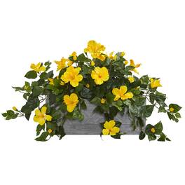 BreeBe - 18" Hibiscus Artificial Plant in Stone Planter - Green
