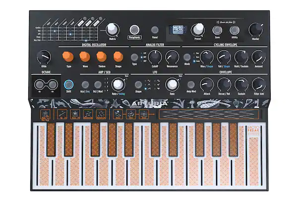 CycEme Env LPO Pess Bry/ Ary Fitch Neve Timbre Calot . Matrix DIGITAL OSCILLATOR Paraphonic Panel ANALOG FILTER HICRO FREAK : PE Preset Grain de fala Save Utility CYCLING ENVELOPE Master LPS iN EPS Run Glide OCTAVE Type Wave Timbre ARP / SEQ - Shape Syrc Type KPF Cutoff LFO Mode Resonance Senc Loop Rise J Shape Fall / Shape Hold I Sustain ENVELOPE Amount : 5 . Shift Arp Seq Oct Mod Shape Amp Mod Rate Swing Rate Attack Decay / Rel Sustain Filter Amt ARTURIA hold Us Order a Random Pallere P Spire Dice Bend The Rest - MICRO FREAK ALGORITHMIC SYNTHESIZER A dADO .