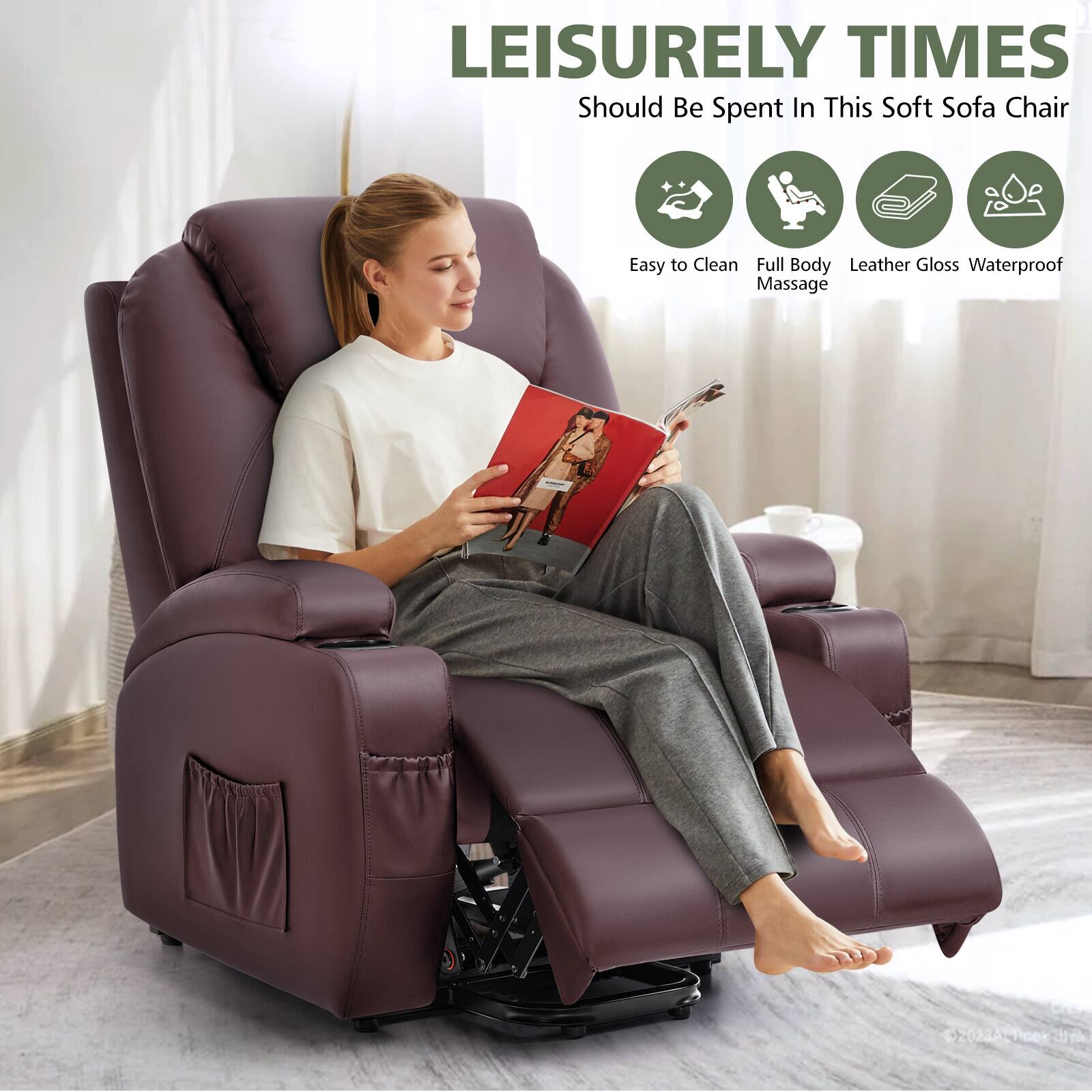 LEISURELY TIMES  
Should Be Spent In This Soft Sofa Chair

- Easy to Clean
- Full Body Massage
- Leather Gloss
- Waterproof