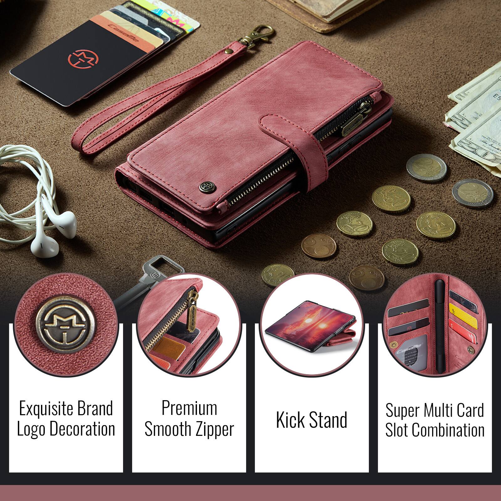 Exquisite Brand Logo Decoration  
Premium Smooth Zipper  
Kick Stand  
Super Multi Card Slot Combination