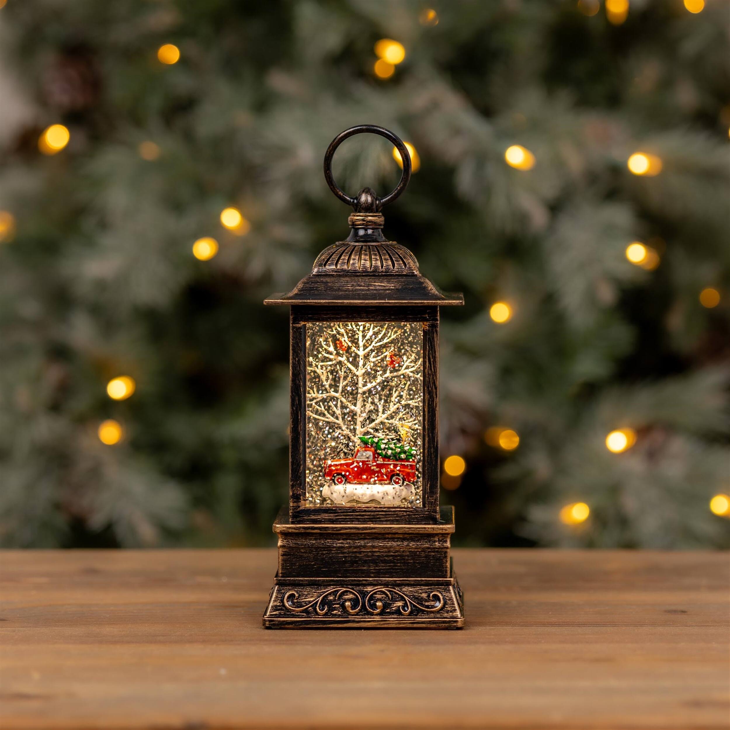 Back. BreeBe - LED Snow Globe Lantern with Truck and Forest Scene 10.25"H - Red, Green, White.