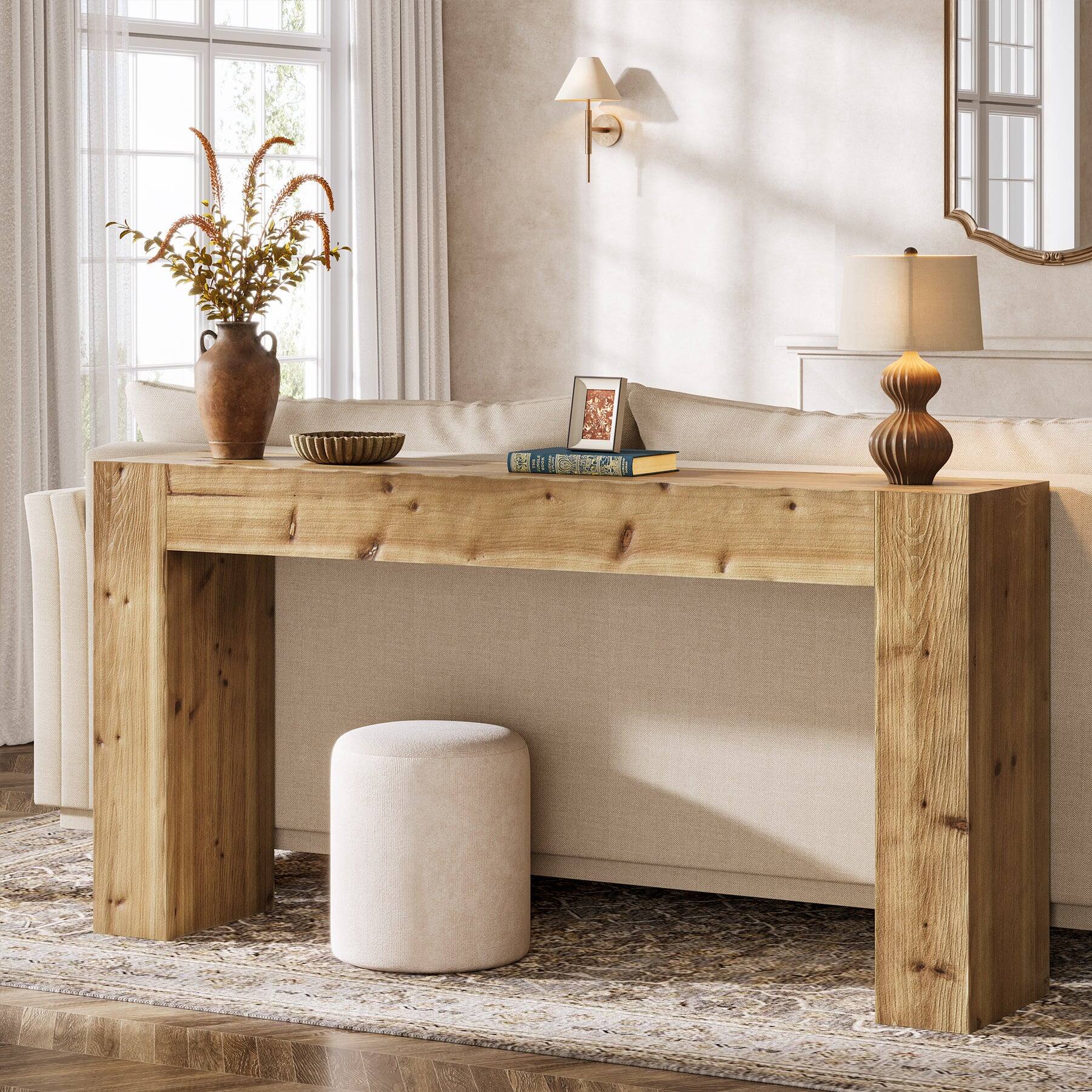 Back. Tribesigns - Farmhouse Solid Wood Console Table with Rectangular Top for Entryway, Hallway and Living Room - Light Brown.