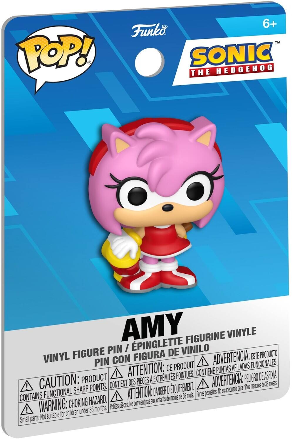 The text on the image is:

"POP! 6+ Funko. TM SONIC THE HEDGEHOG AMY FIGURINE VINYLE PIN I PINGLETTE VINILO FIGURE FIGURA DE ESTE PRODUCTO VINYL PIN CON ! ADVERTENCIA: FUNCIONALES. ATTENTION: CE PRODUIT PUNTAS AFILADAS ! POINTUES. CONTIENE DE ASFIXIA. CAUTION: PRODUCT DES PICES EXTRMITS ADVERTENCIA: PELIGRO CONTIENT ! menores de 36 meses ! SHARP POINTS. D'TOUFFEMENT. adecuado para nios FUNCTIONAL ATTENTION: DANGER Partes pequerias. lo es CONTAINS ! de moins de 36 mois. CHOKING HAZARD. convient pas aux enfants WARNING: Petities pioes. Ne ! under 36 months. suitable for children Small parts. Not"

Corrected and grouped text:

"POP! 6+ Funko. TM SONIC THE HEDGEHOG AMY FIGURINE VINYLE PIN I PINGLETTE VINILO FIGURE FIGURA DE ESTE PRODUCTO VINYL PIN CON ! ADVERTENCIA: FUNCIONALES. ATTENTION: CE PRODUIT PUNTAS AFILADAS ! POINTUES. CONTIENE DE ASFIXIA. CAUTION: PRODUCT DES PICES EXTRMITS ADVERTENCIA: PELIGRO CONTIENT ! menores de 36 meses ! SHARP POINTS. D'TOUFFEMENT. adecuado para niños FUNCTIONAL ATTENTION: DANGER Partes pequeñas. lo es CONTAINS ! de menos de 36 mois. CHOKING HAZARD. convient pas aux enfants WARNING: Petites pièces. Ne convient pas aux enfants under 36 months. suitable for children Small parts. Not suitable for children under 36 months."