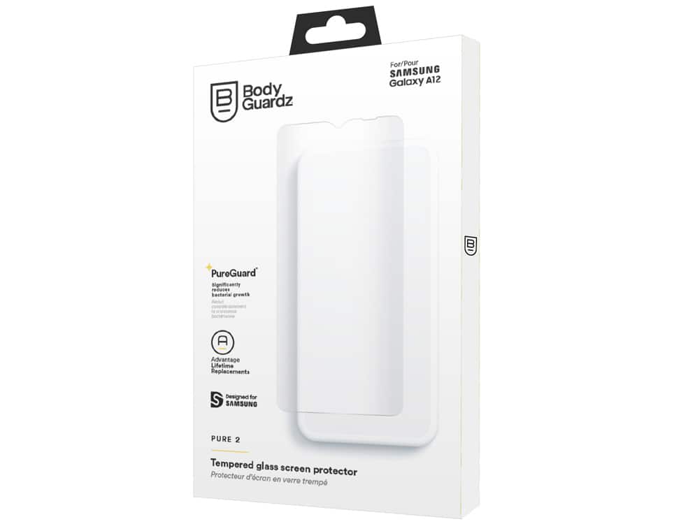 Body Guardz  
For/Pour SAMSUNG Galaxy A12  

PureGuard  
Significantly reduces bacterial growth  

Advantage Lifetime Replacements  

Designed for SAMSUNG  

PURE 2  
Tempered glass screen protector  
Protecteur d'écran en verre trempé
