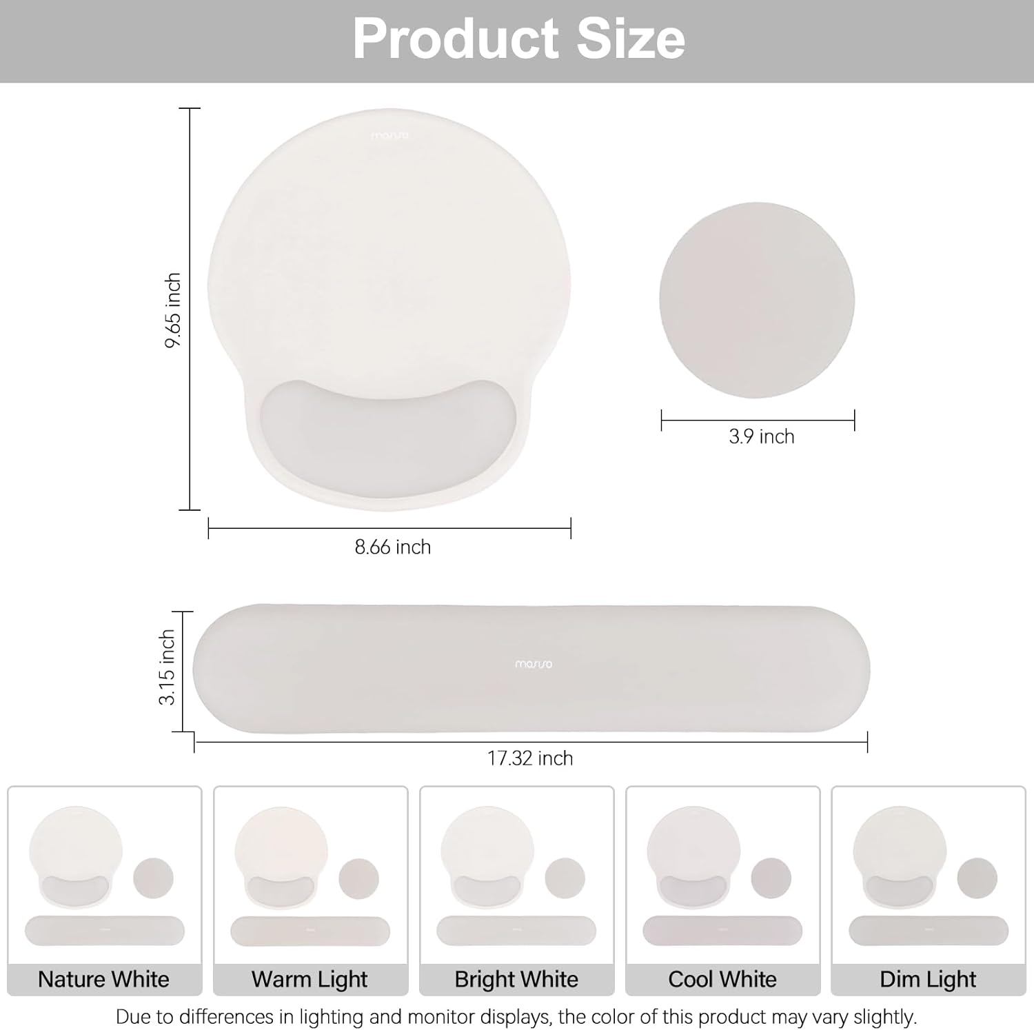 Product Size

- Height: 9.65 inch
- Width: 8.66 inch
- Depth: 3.15 inch
- Length: 17.32 inch

Light Options:
- Nature White
- Warm Light
- Bright White
- Cool White
- Dim Light

Due to differences in lighting and monitor displays, the color of this product may vary slightly.