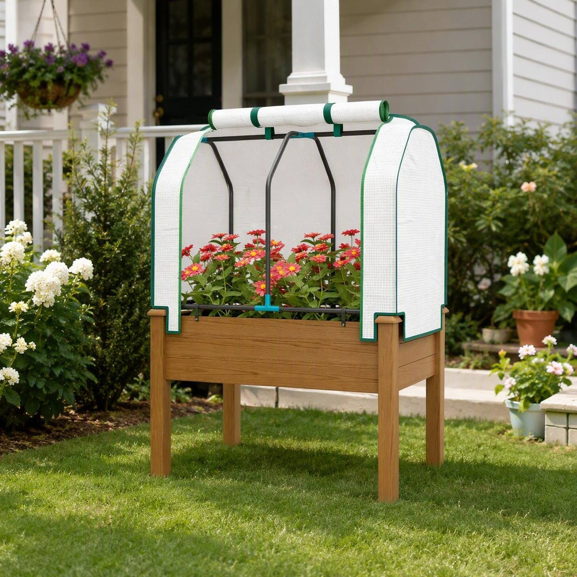 Alt View 1. RYHNUYNE - Wooden Raised Garden Bed with Roll-Up Cover and Steel Frame, 35.4x21.7x46.9 Inches, Brown, for Vegetables - Brown.