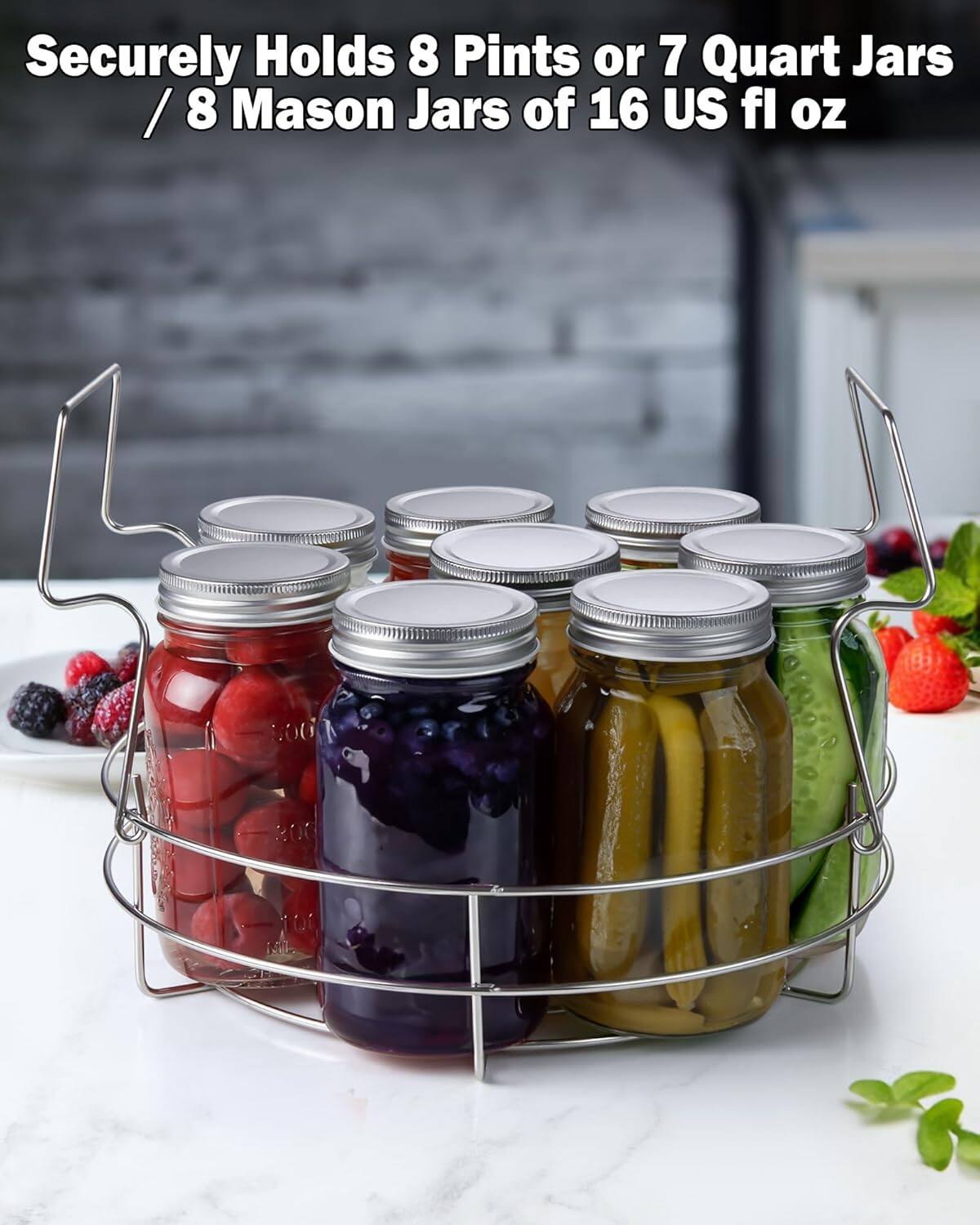 Securely Holds 8 Pints or 7 Quart Jars / 8 Mason Jars of 16 US fl oz