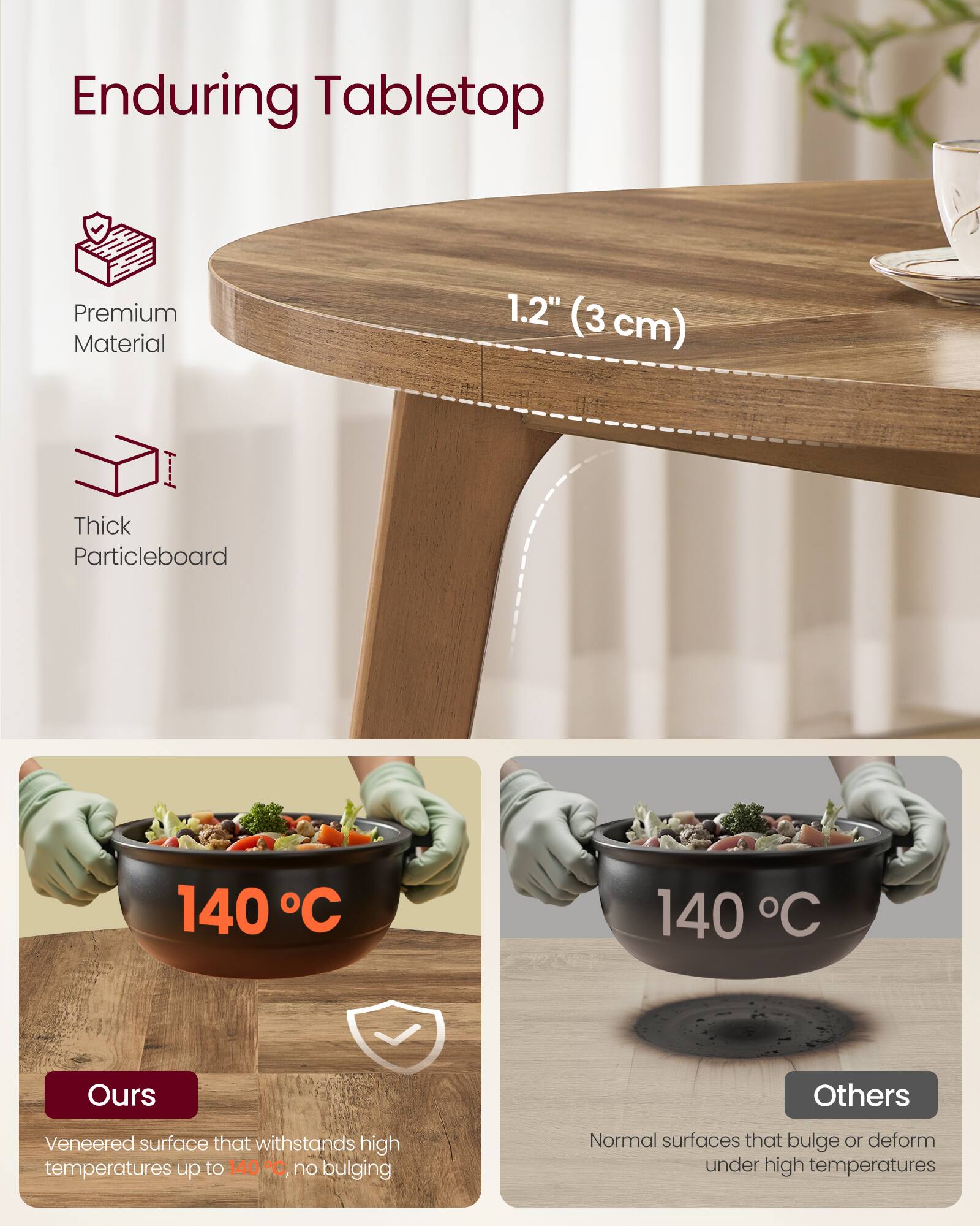 Enduring Tabletop

Premium Material  
1.2" (3 cm) Thick Particleboard

140°C  
Ours  
Veneered surface that withstands high temperatures up to 140°C, no bulging

140°C  
Others  
Normal surfaces that bulge or deform under high temperatures