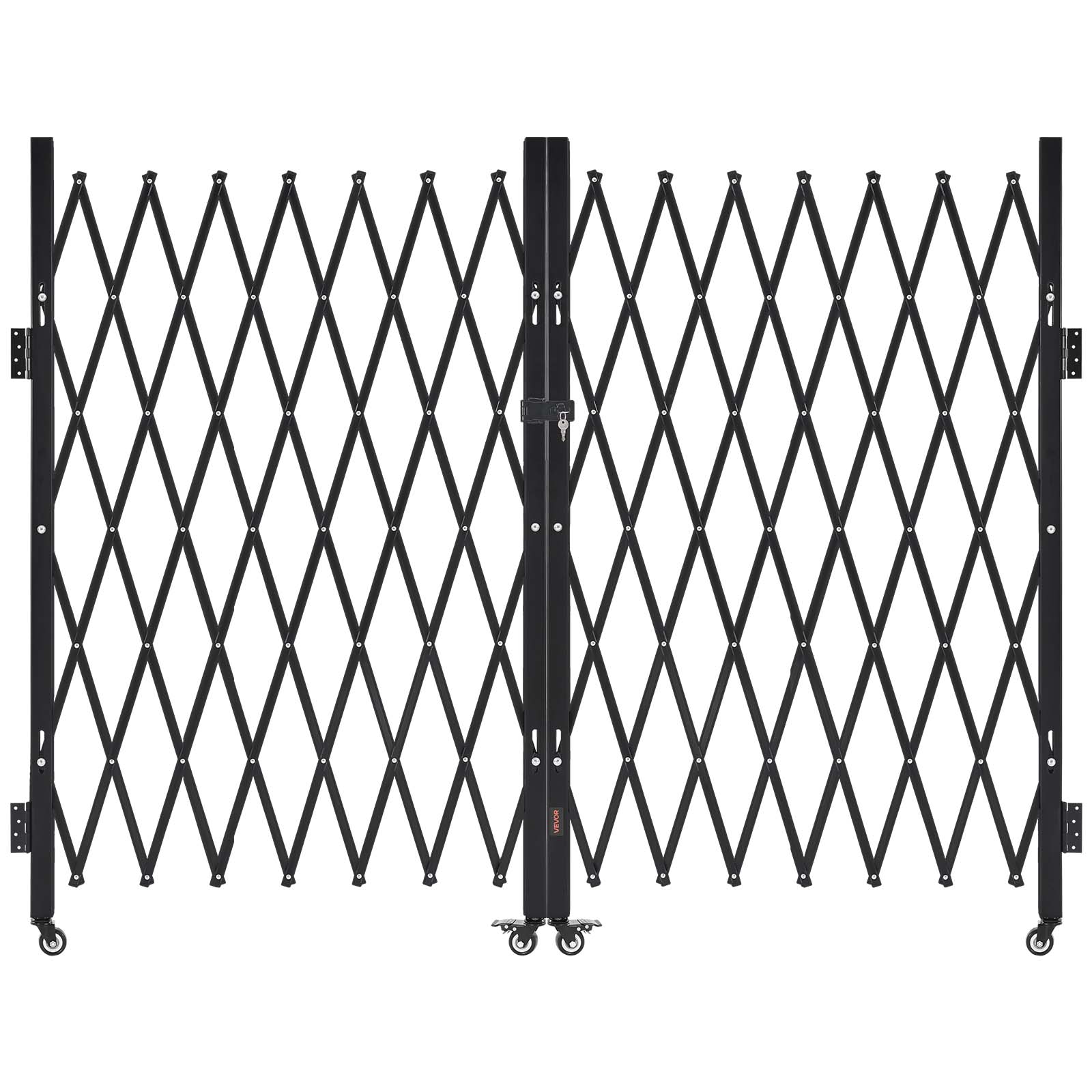 Front. VEVOR - Double Folding Security Gate, Lockable Scissor Gate with 360° Swivel Casters, Outdoor Barricade Steel Retractable Gates - Black.