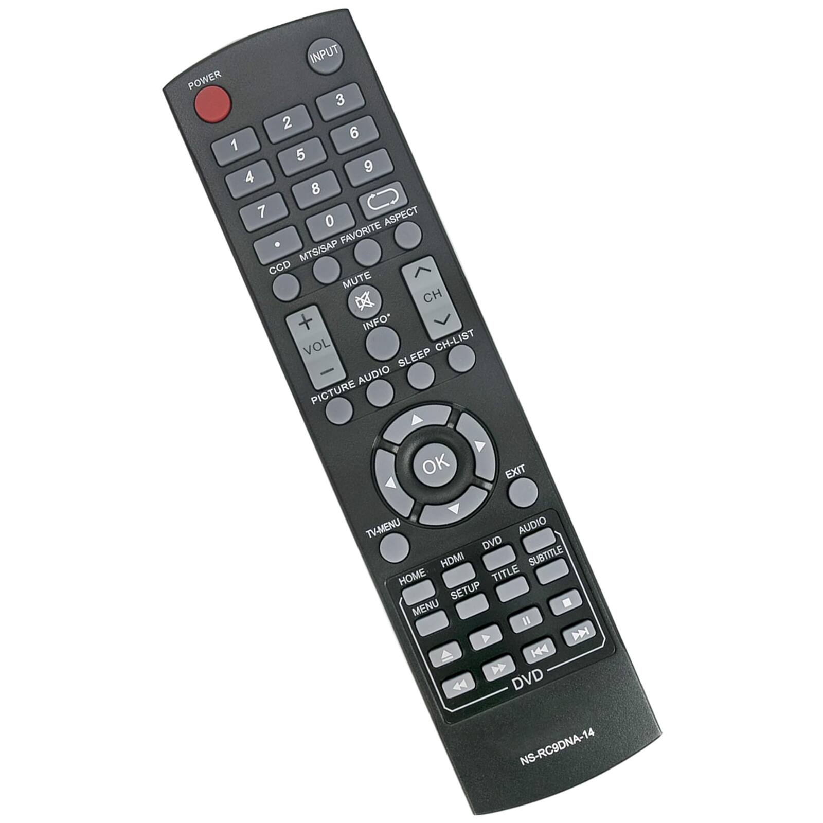 INPUT POWER 3 2 6 1 5 9 4 8 7 ASPECT 0 FAVORITE MTS/SAP CCD MUTE x CH + INFO* VOL CH-LIST SLEEP - AUDIO PICTURE OK EXIT TV-MENU AUDIO DVD HDMI SUBTITLE HOME TITLE SETUP MENU . II <  H44  <4 DVD NS-RC9DNA-14