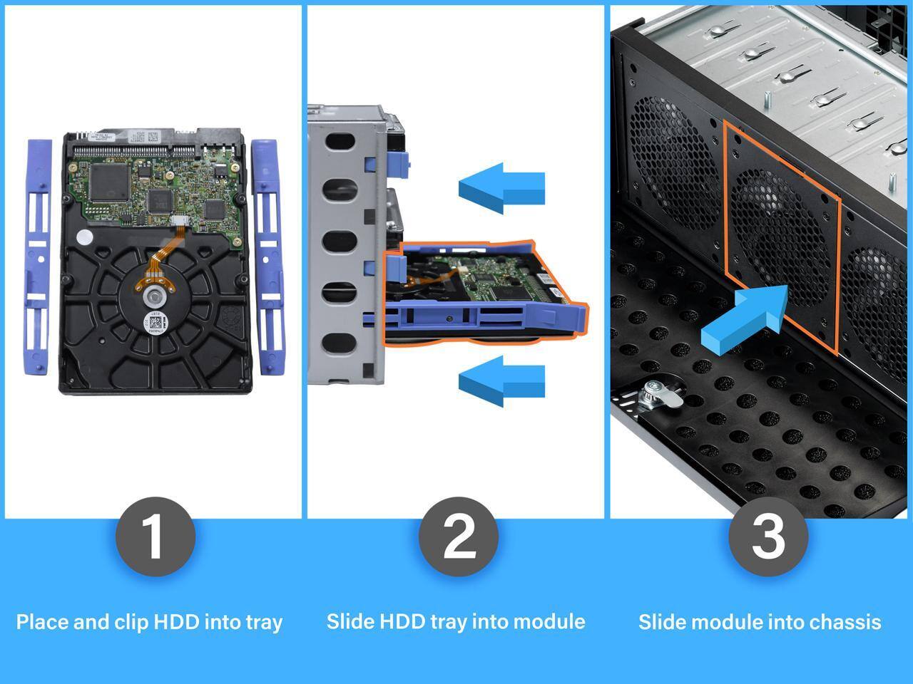 1. Place and clip HDD into tray
2. Slide HDD tray into module
3. Slide module into chassis