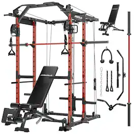 Mikolo - Power Rack Cage, 1500 lbs Weight Rack with Cable Crossover Machine, Multi-Function Squat Rack - Red