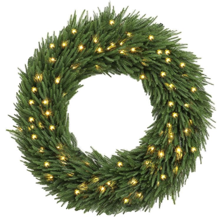 PULUZ - Christmas Decoration, 36 in Pre-Lit Norfolk Pine Artificial Christmas Wreath with 100 LED Lights - Green