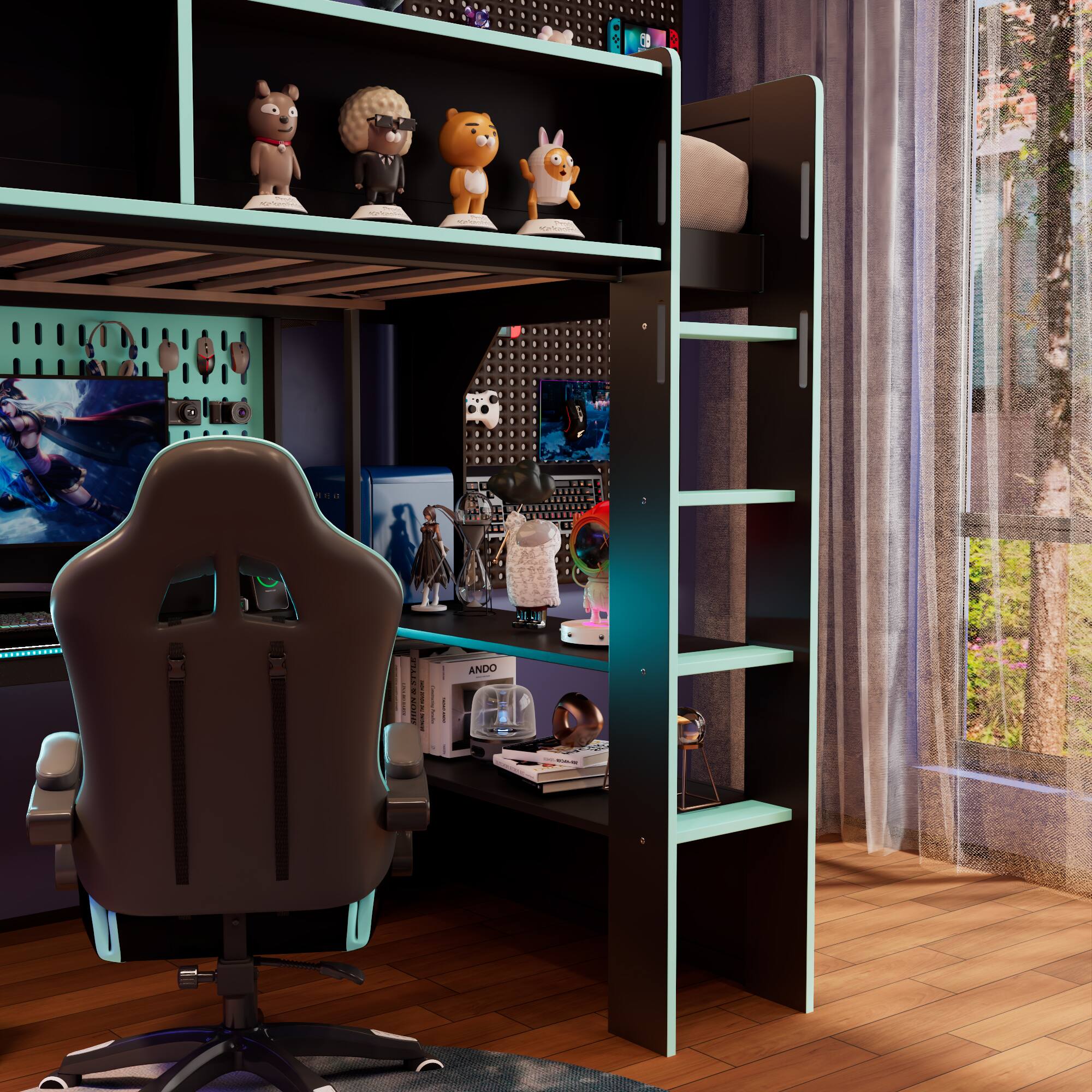 Left. Anysun - Twin Gaming Loft Bed with Integrated Desk & Lights - Wooden Frame, Built-in Charging Station. - Blue.