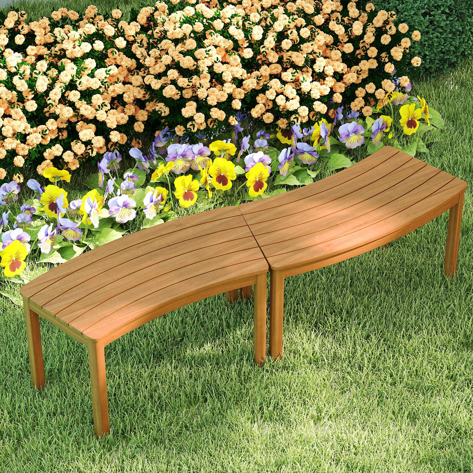 Alt View 5. Gymax - Gymax Outdoor Curved Acacia Wood Bench Set of 2 Patio Garden Backless Fire Pit Bench - Yellow.