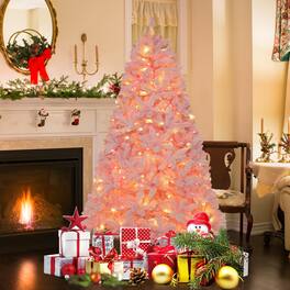 Gymax - 6FT Artificial Christmas Tree w/ 808 Branch Tips 8 Lighting Modes & 350 Multi-color LED Lights - Pink