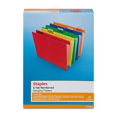 Staples  
5-Tab Reinforced Hanging Folders  
Letter Size  
Laminated Seams Prevent Tearing  
Includes Tabs and Inserts  
25 Assorted Colors  
10% Recycled Folders  
ST18654