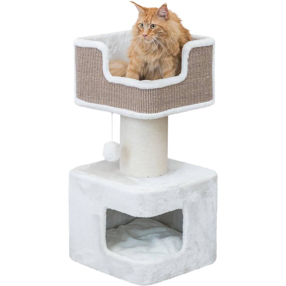 Left. TRIXIE - Ava XXL Jute & Plush 2-Level Cat Tree with Scratching Post & Condo - Brown/White.