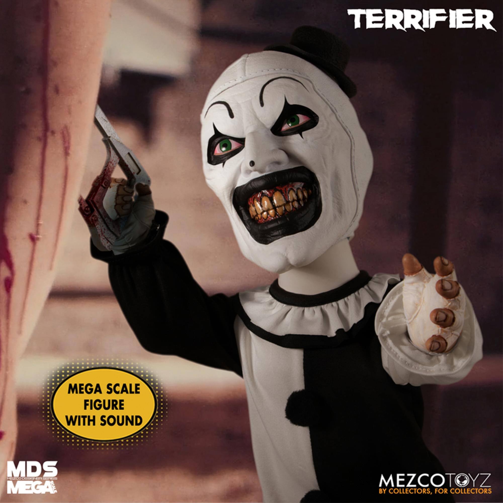 TERRIFIER MEGA SCALE FIGURE WITH SOUND  
MDS MEGA  
MEZCOTOYZ  
BY COLLECTORS, FOR COLLECTORS