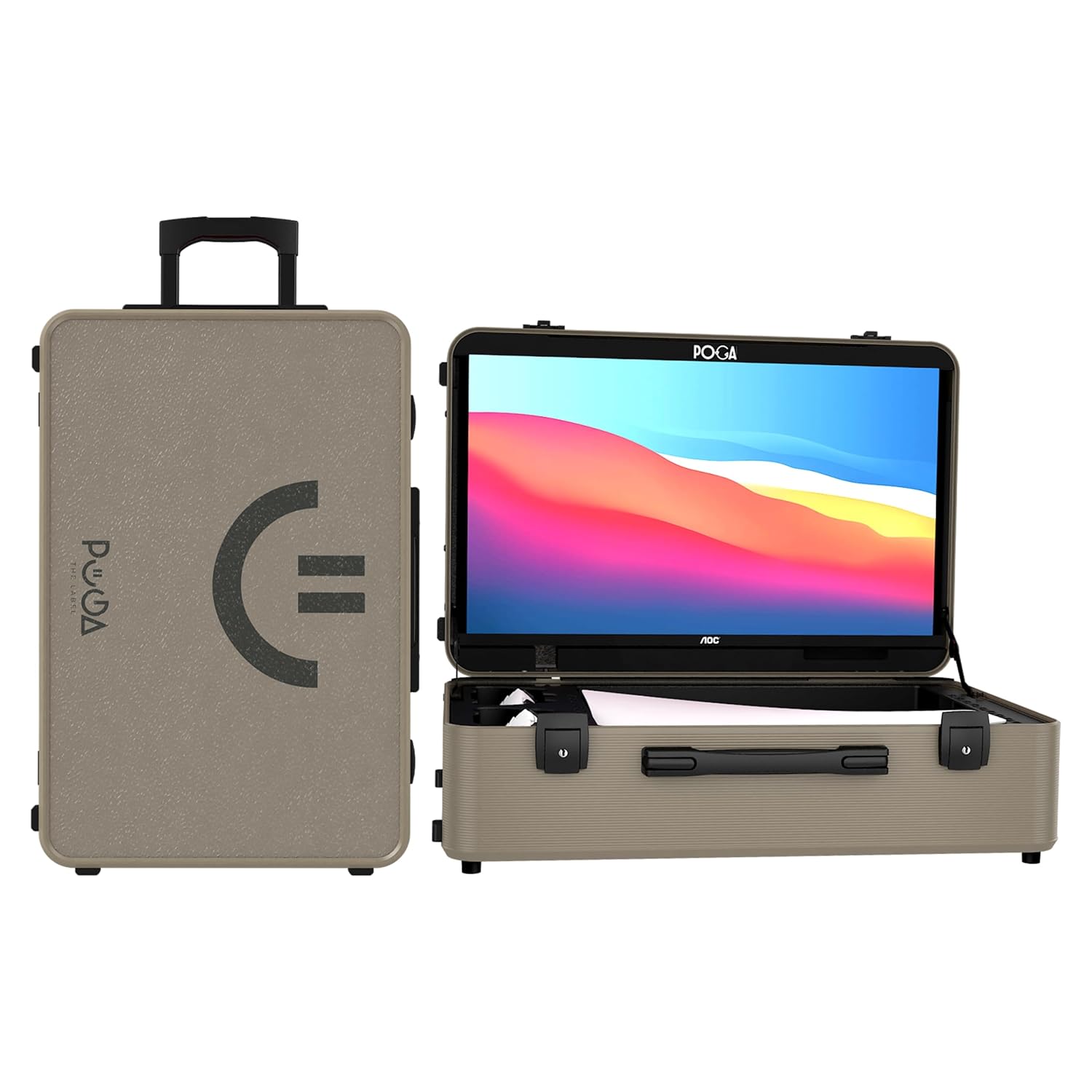 POGA - LUX PlayStation 5 Premium Portable Console Travel Case w/ Trolley and 24" AOC Gaming Monitor - Desert Taupe
