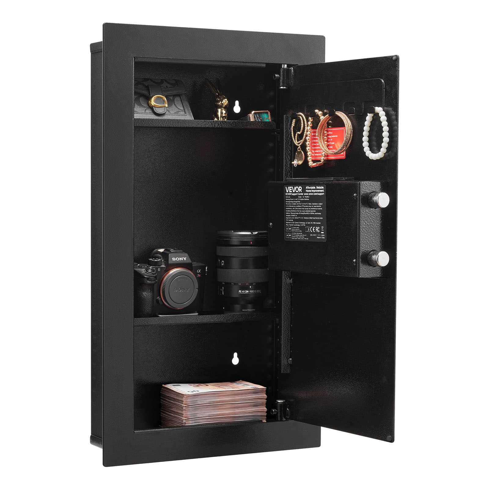 VEVOR - Wall Safe, 3-Tier Hidden Wall Mounted Safe with Password & Key, Q235 Cold-Rolled Steel In-Wall Box with LED Lighting - Black