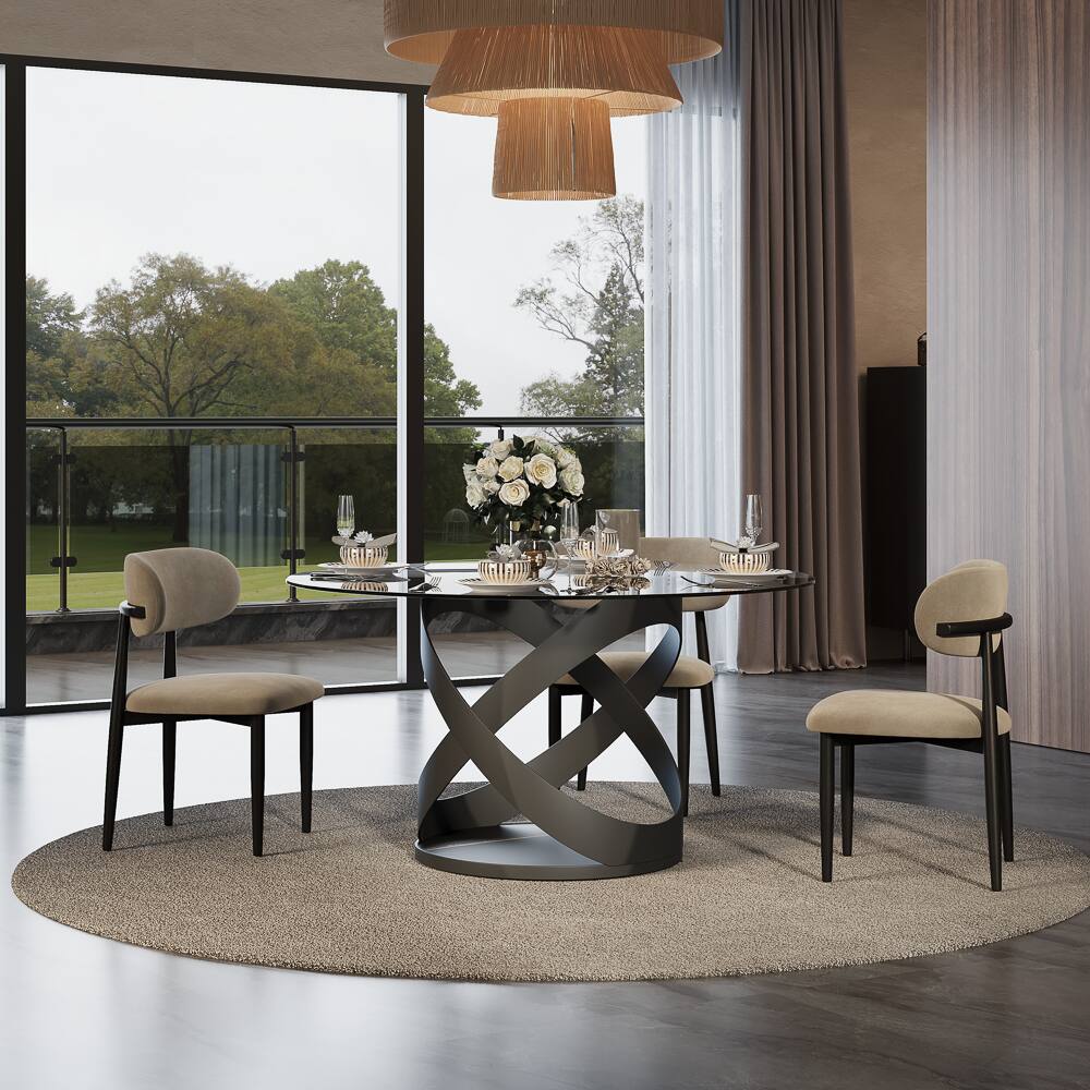 Angle. POVISON - 51" Modern Gray Glass Round Dining Table for 4, Smoked Gray Tempered Glass Tabletop with Black X Carbon Steel Base - Smoked Gray Tempered Glass with Black.
