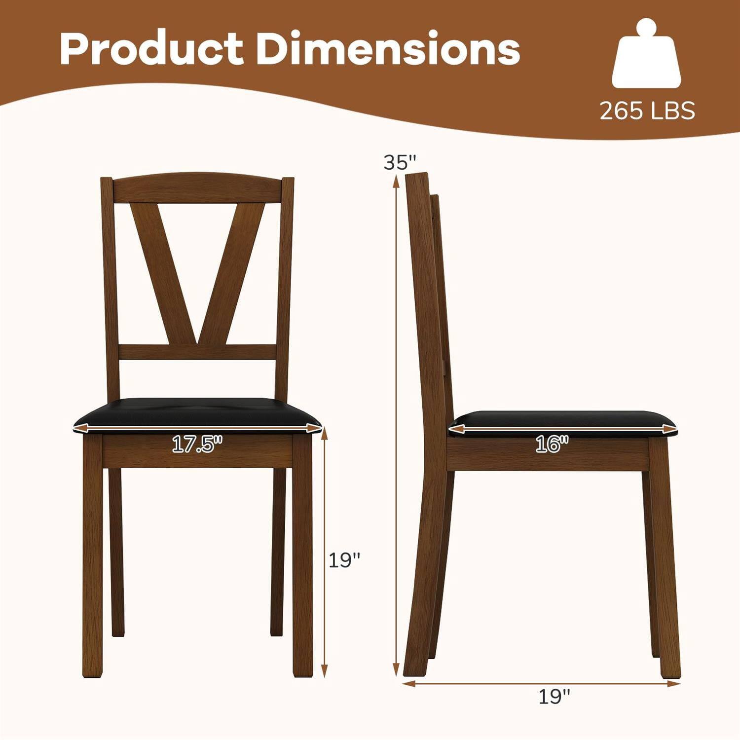 Product Dimensions:  
Height: 35"  
Width: 19"  
Depth: 19"  
Seat Width: 17.5"  
Seat Depth: 16"  
Weight Capacity: 265 LBS