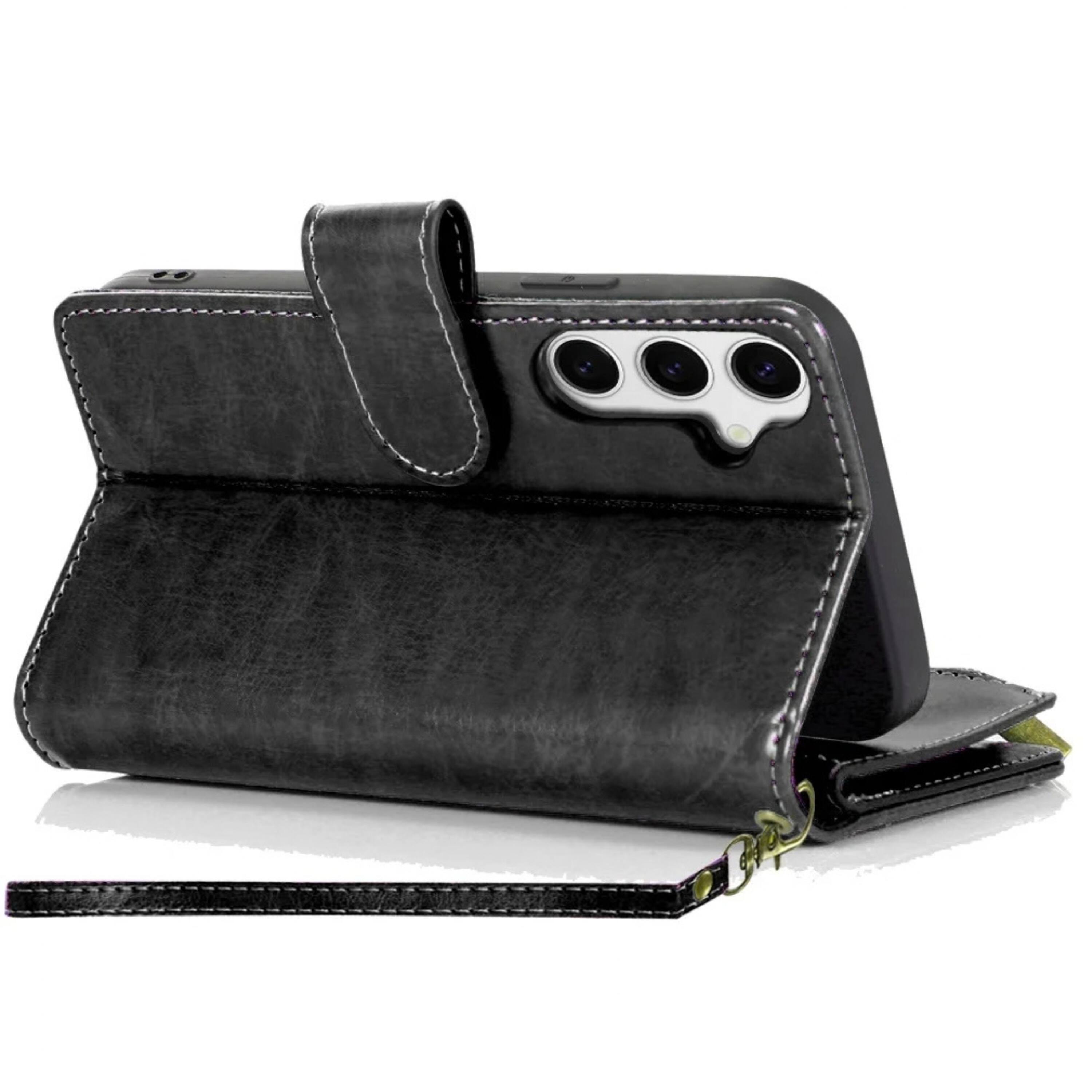 Left. Kitcheniva - Luxury Wallet Card Holder With Zipper And Tempered Glass For Samsung S25 Plus S24 Plus Black - Black.