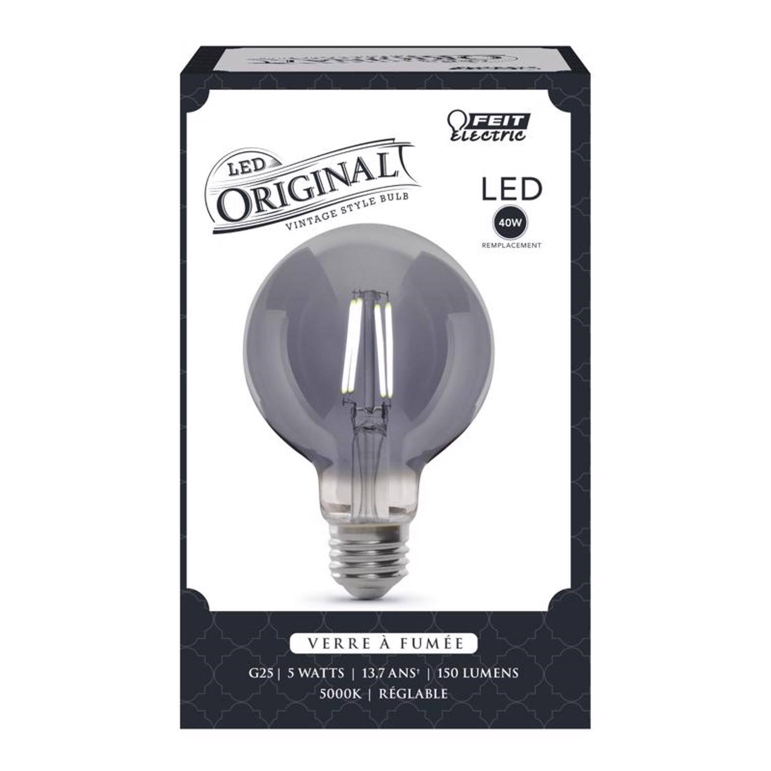 FEIT Electric LED Original Vintage Style Bulb  
LED 40W Replacement  
Verre à Fumée G25  
5 Watts | 13.7 Years | 150 Lumens | 5000K | Réglable