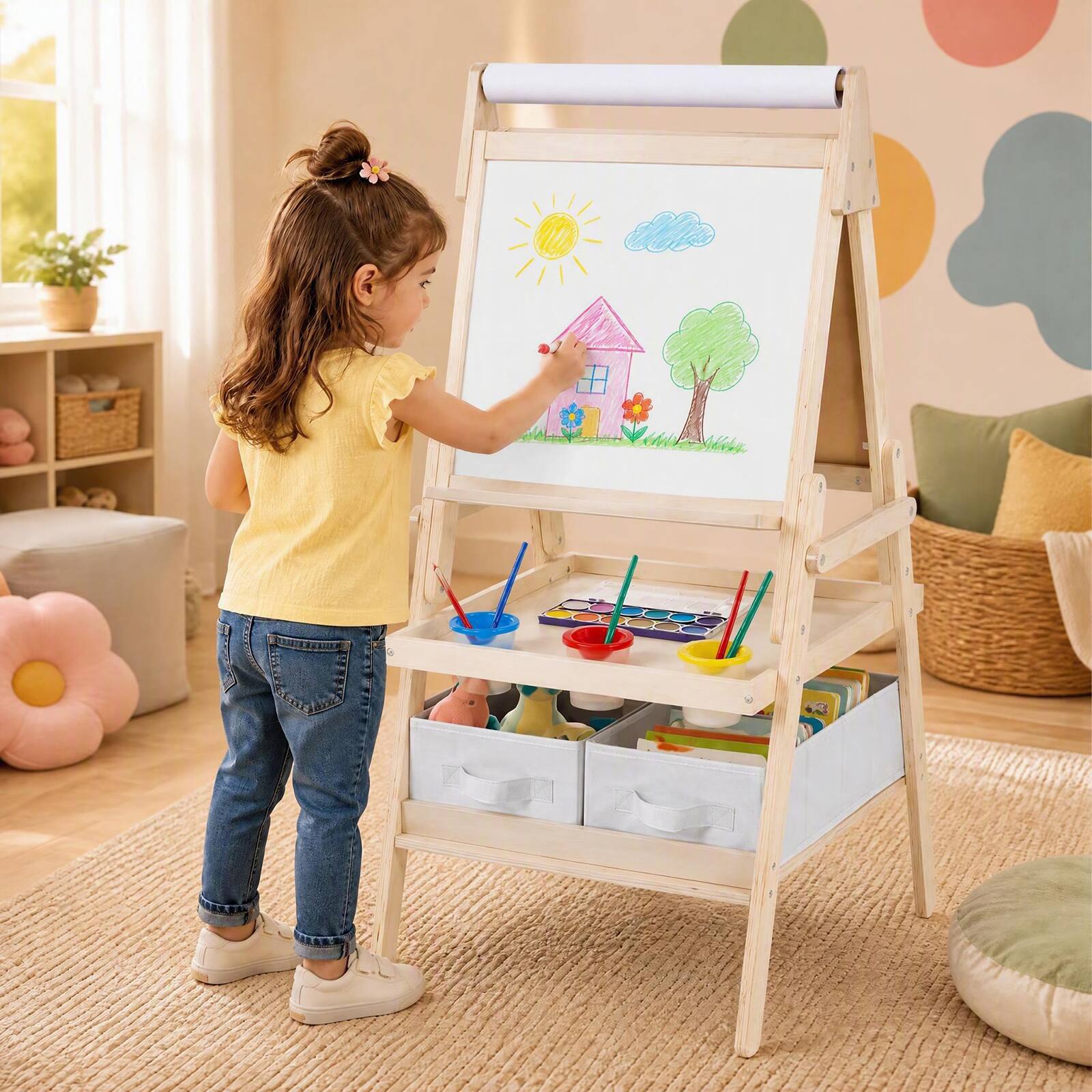 Alt View 3. Costway - Costway Easel for Kid, Double-sided Kids Easel with Magnetic Whiteboard & Chalkboard - Natural.