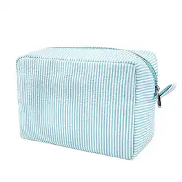 ESBANY - Makeup Bag for Women, Cute Cosmetic Bag, Lightweight Toiletry Make up Bag, Large Seersucker Aesthetic Organizer Storage - Light Blue