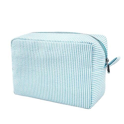 Front. ESBANY - Makeup Bag for Women, Cute Cosmetic Bag, Lightweight Toiletry Make up Bag, Large Seersucker Aesthetic Organizer Storage - Light Blue.
