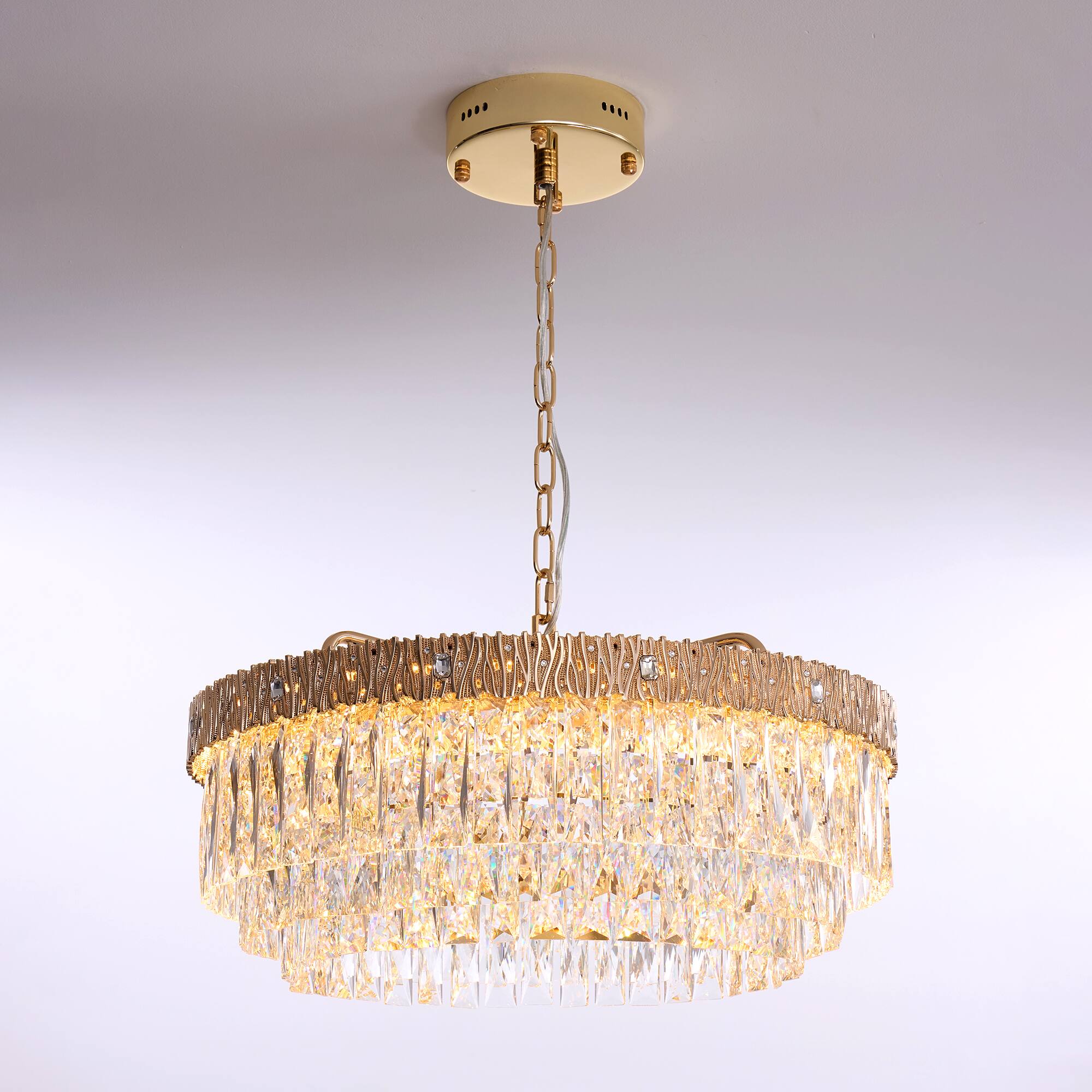 Alt View 8. Siljoy - 24 Inch Round Luxury Champagne Gold Multi-Layer Crystal Chandelier, Ceiling Pendant Light for Living Room and Foyer - Champagne Gold.