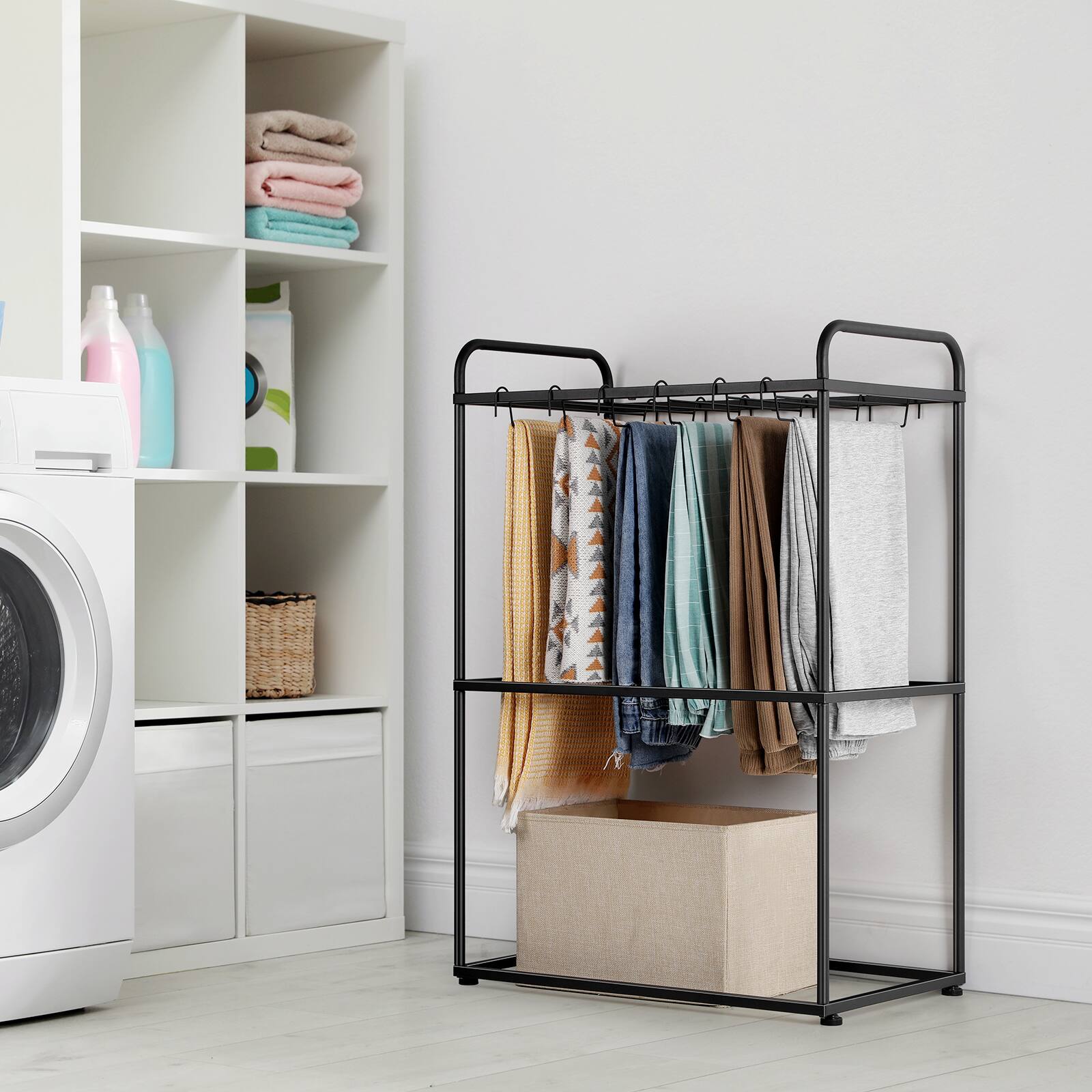 Left. Oumilen - 2-Tier Black Metal Pants & Towel Rack with 26 Hangers - Black.