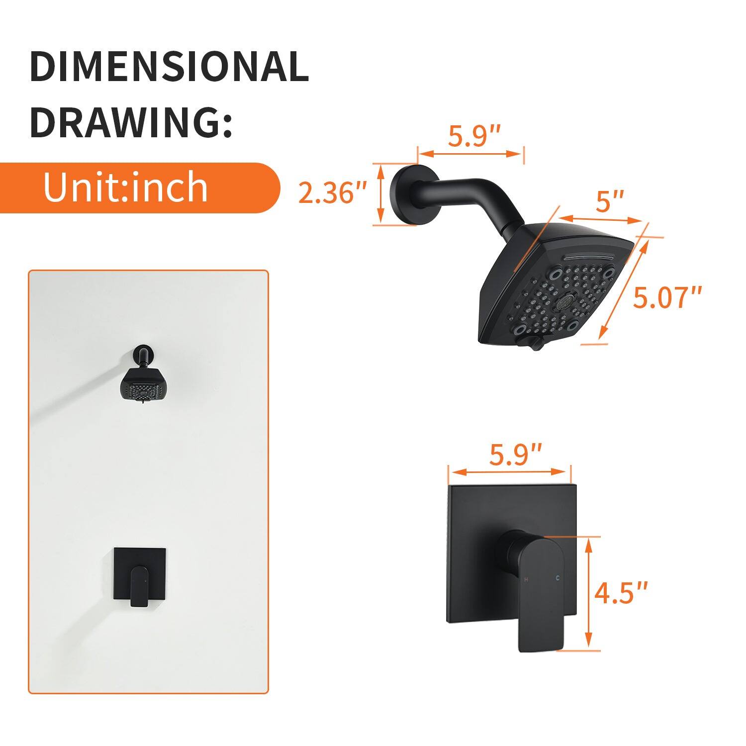DIMENSIONAL DRAWING:  
Unit: inch  

- 2.36"  
- 5.9"  
- 5"  
- 5.07"  
- 5.9"  
- 4.5"