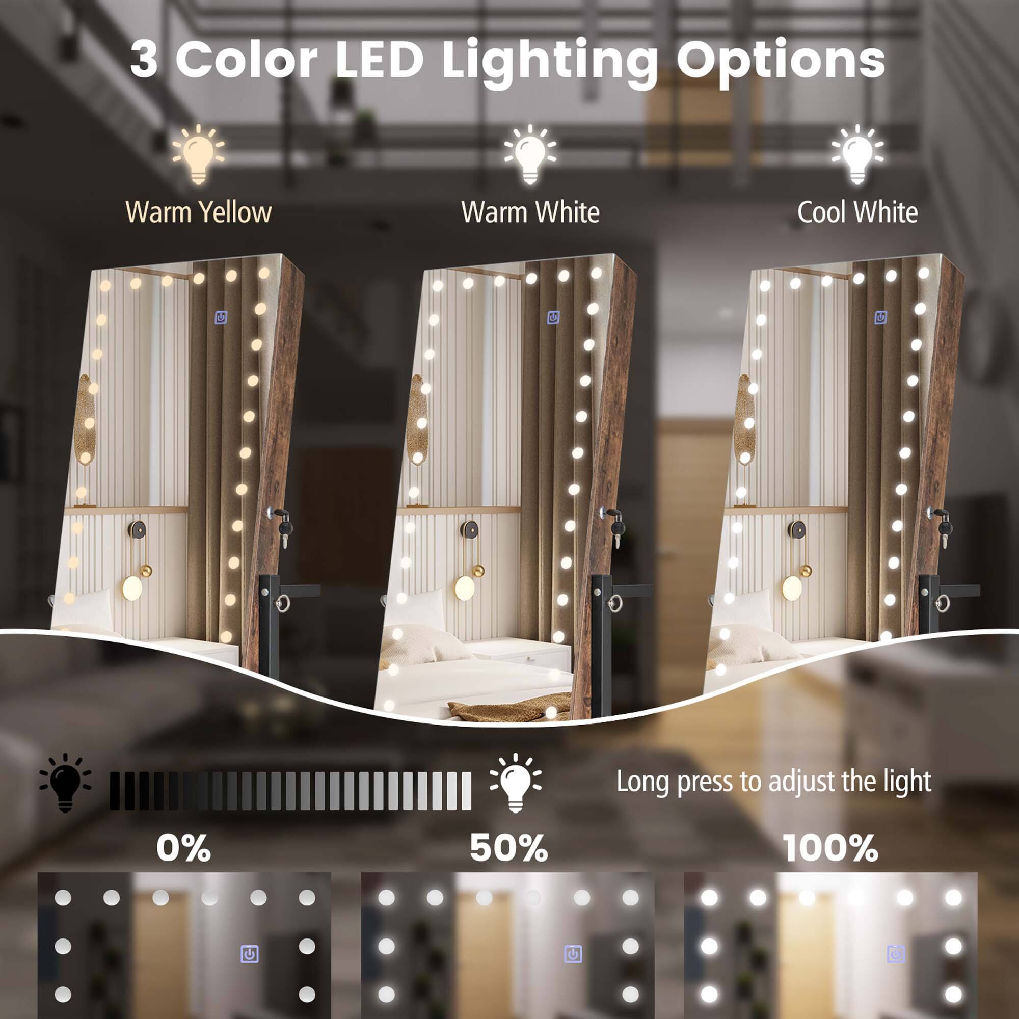 3 Color LED Lighting Options

Warm Yellow  
Warm White  
Cool White  

Long press to adjust the light  

0%  
50%  
100%