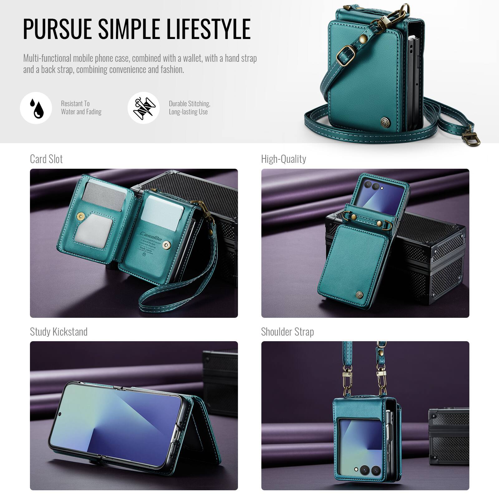 PURSUE SIMPLE LIFESTYLE

Multi-functional mobile phone case, combined with a wallet, with a hand strap and a back strap, combining convenience and fashion.

- Resistant To Water and Fading
- Durable Stitching, Long-lasting Use
- Card Slot
- High-Quality
- Study Kickstand
- Shoulder Strap