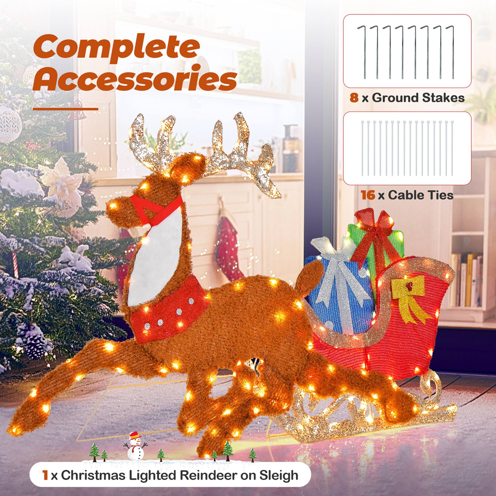 Complete Accessories: 8 x Ground Stakes, 16 x Cable Ties, 1 x Christmas Lighted Reindeer on Sleigh.