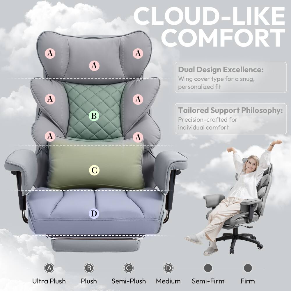 CLOUD-LIKE COMFORT

Dual Design Excellence: Wing cover type for a snug, personalized fit

Tailored Support Philosophy: Precision-crafted for individual comfort

A: Ultra Plush  
B: Plush  
C: Semi-Plush  
D: Medium  
E: Semi-Firm  
F: Firm