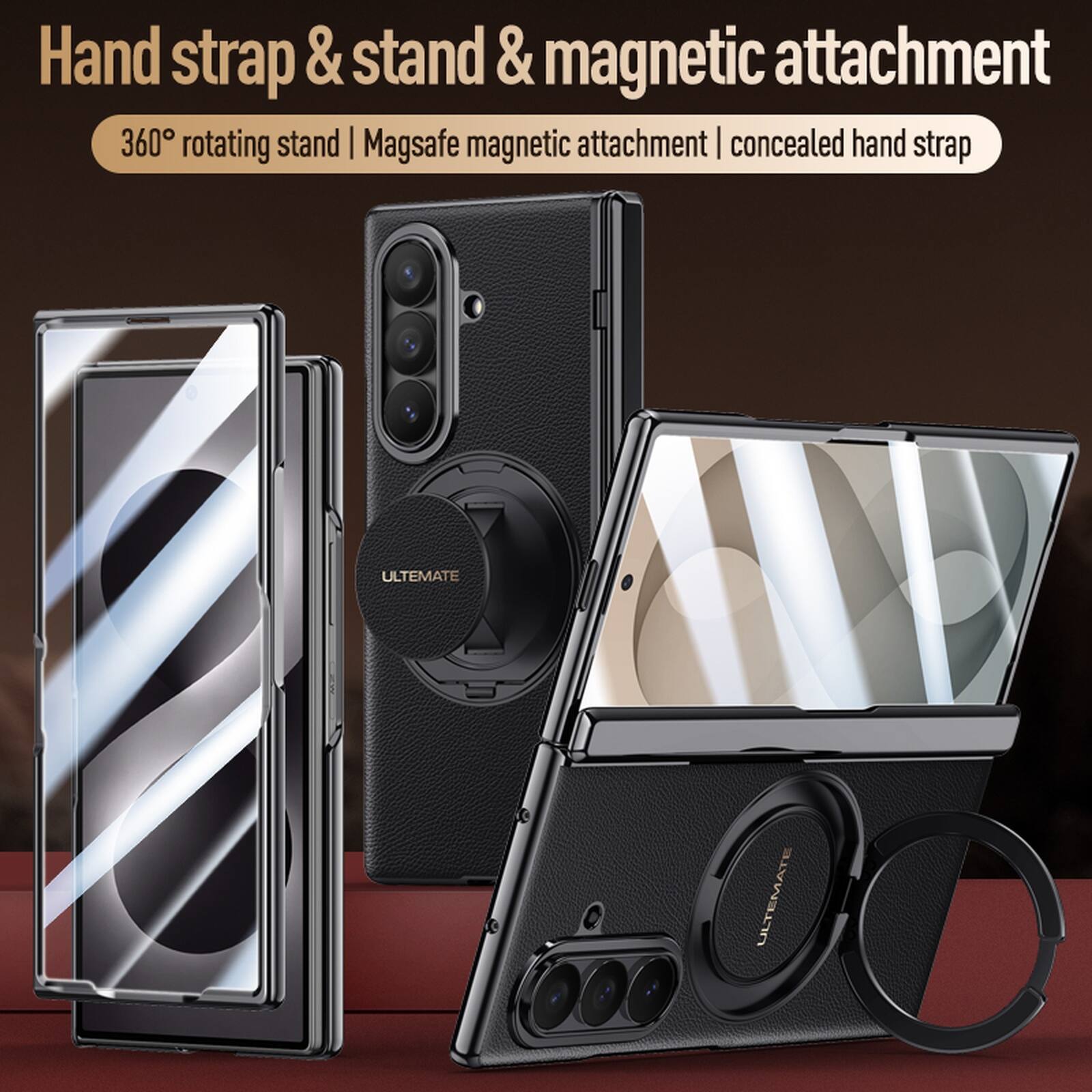 Hand strap & stand & magnetic attachment  
360° rotating stand | Magsafe magnetic attachment | concealed hand strap  
ULTIMATE