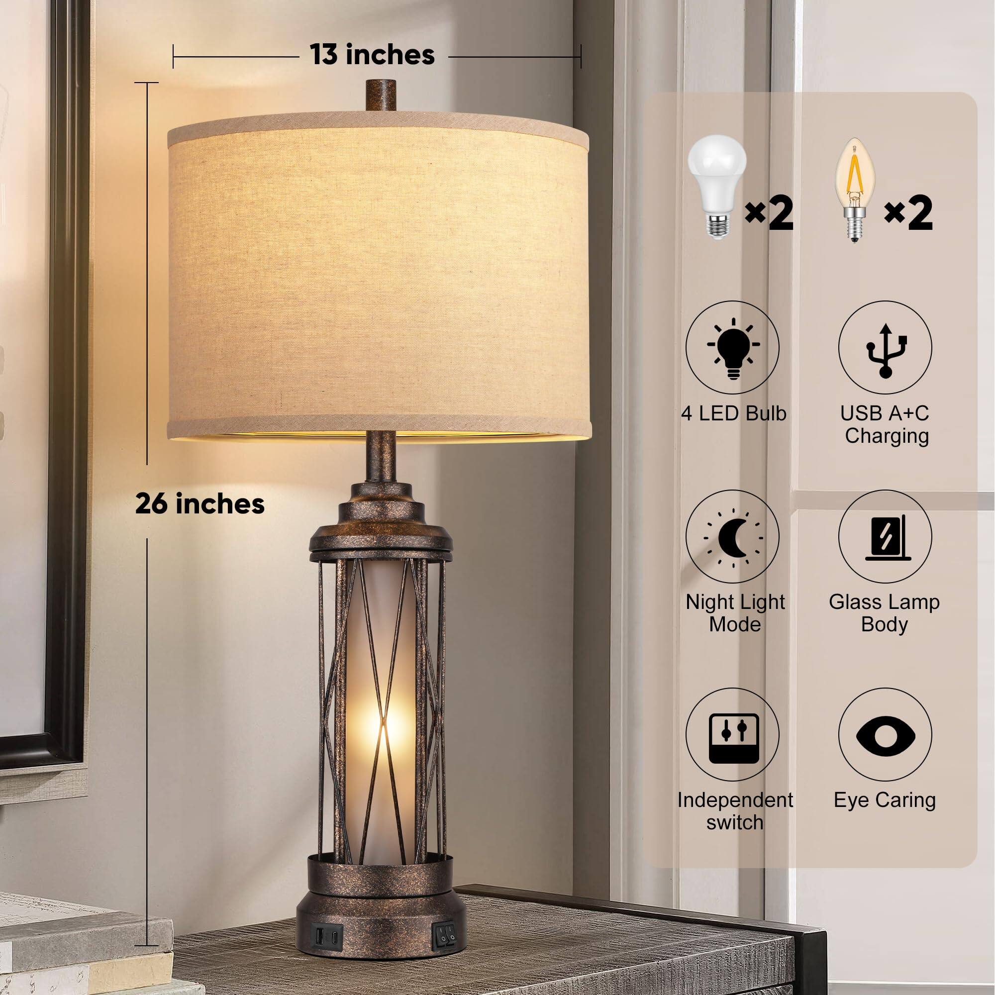 - 13 inches x 26 inches
- 4 LED Bulb
- USB A+C Charging
- Night Light Mode
- Glass Lamp Body
- Independent switch
- Eye Caring