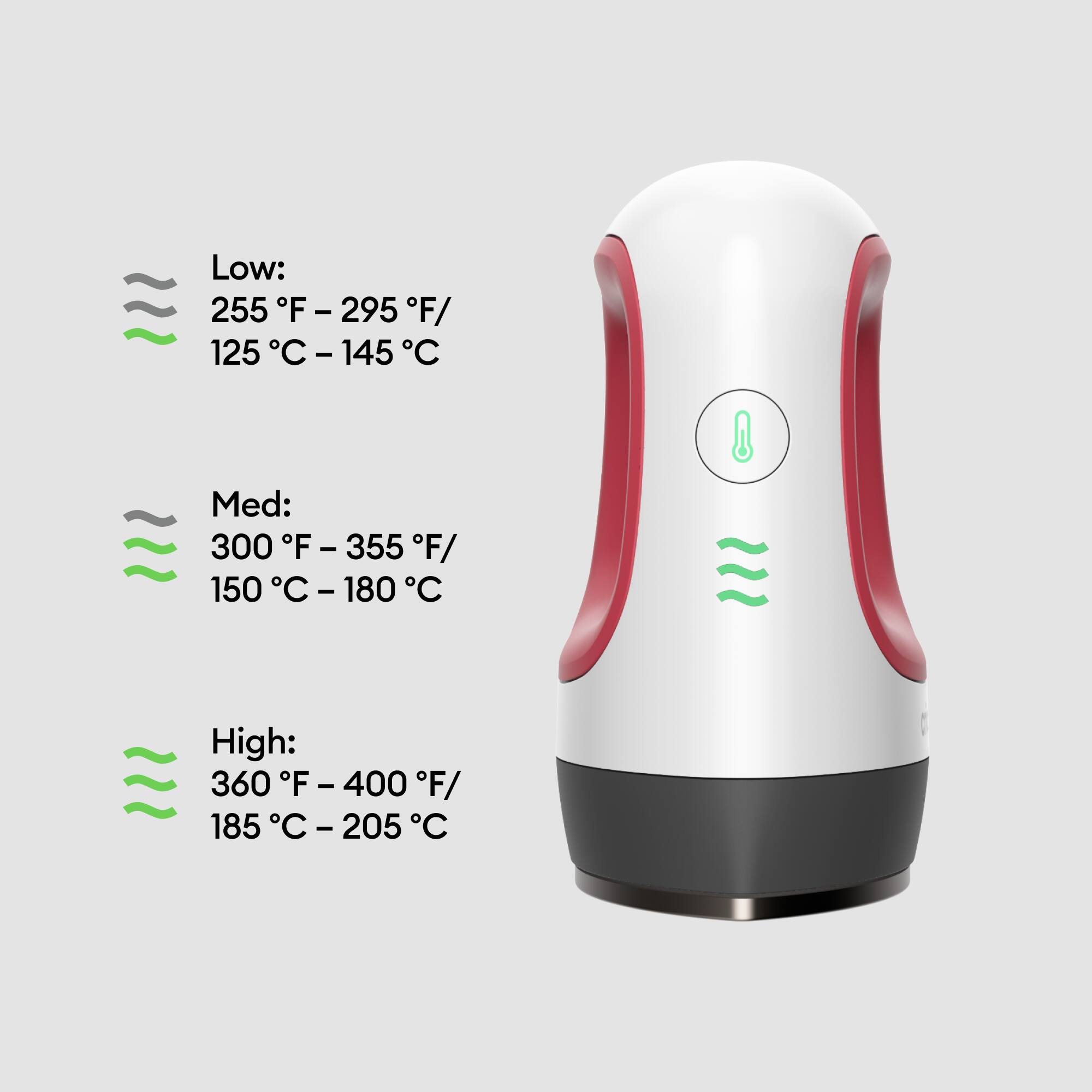 Low:
255°F - 295°F / 125°C - 145°C
Med:
300°F - 355°F / 150°C - 180°C
High:
360°F - 400°F / 185°C - 205°C