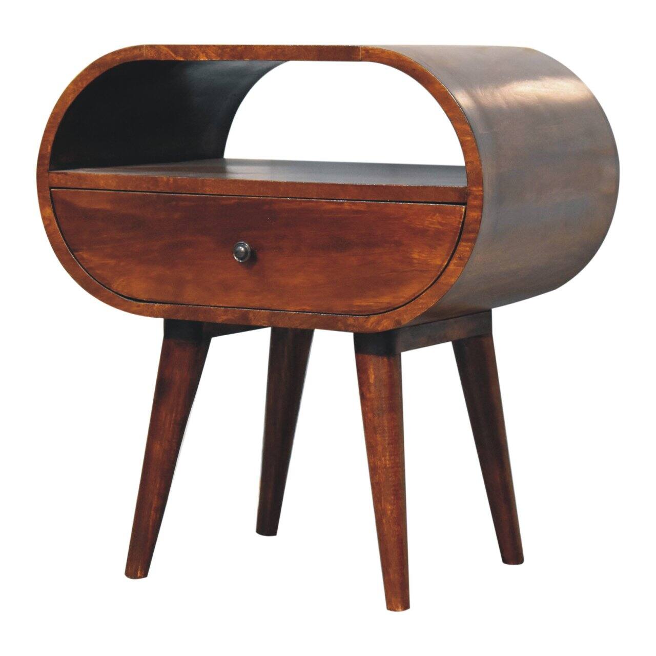 Left. Artisan Furniture - Artisan Furniture Solid Wood Large Chestnut Circular Bedside, 1 Drawer, 1 Open Slot, Nordic Legs, Dark Brown - Chestnut.