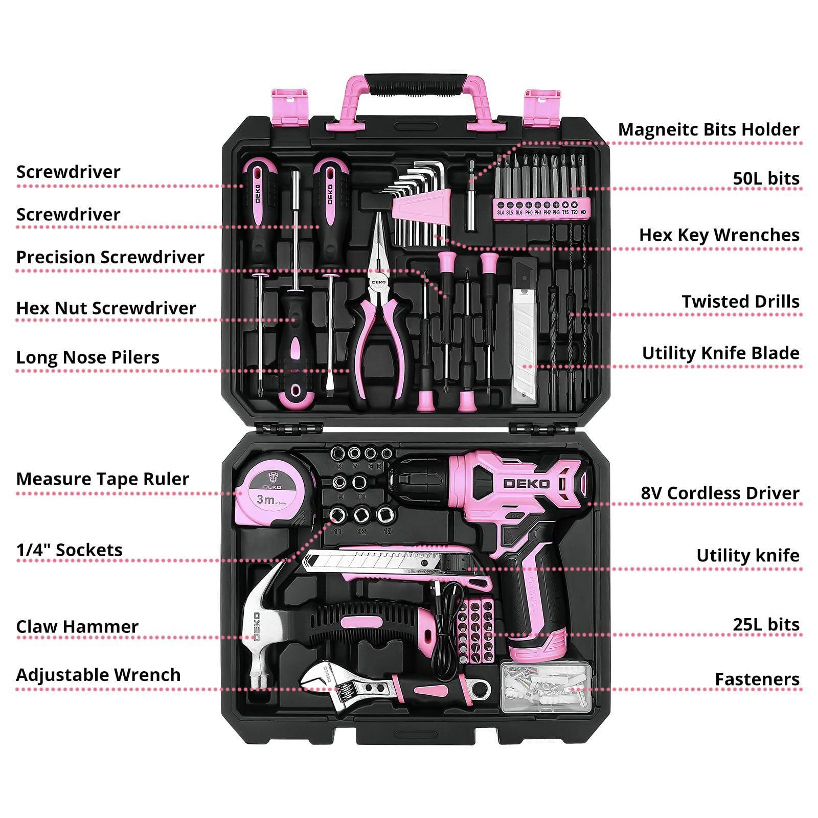 - Screwdriver
- Precision Screwdriver
- Hex Nut Screwdriver
- Long Nose Pliers
- Measure Tape Ruler (3m)
- 1/4" Sockets
- Claw Hammer
- Adjustable Wrench
- Magnetic Bits Holder
- 50L bits
- Hex Key Wrenches
- Twisted Drills
- Utility Knife Blade
- 8V Cordless Driver
- Utility knife
- 25L bits
- Fasteners